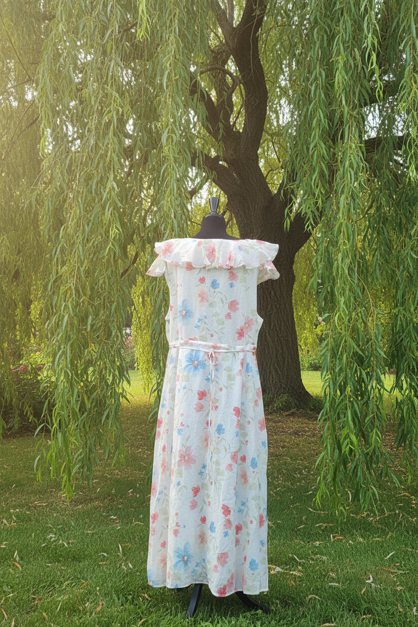 Women's Plus Size White Floral Cotton Ruffle Collar Dress