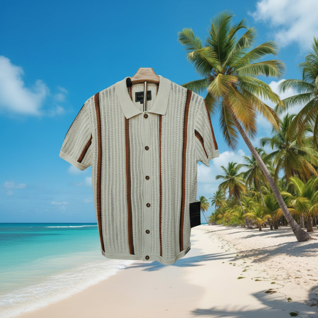 Men's Cream Crochet Shirt with Burgundy Stripes
