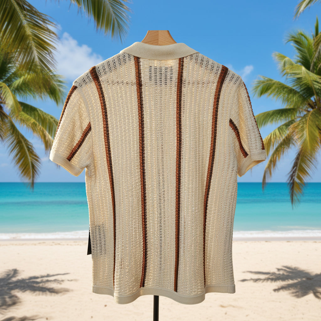 Men's Cream Crochet Shirt with Burgundy Stripes