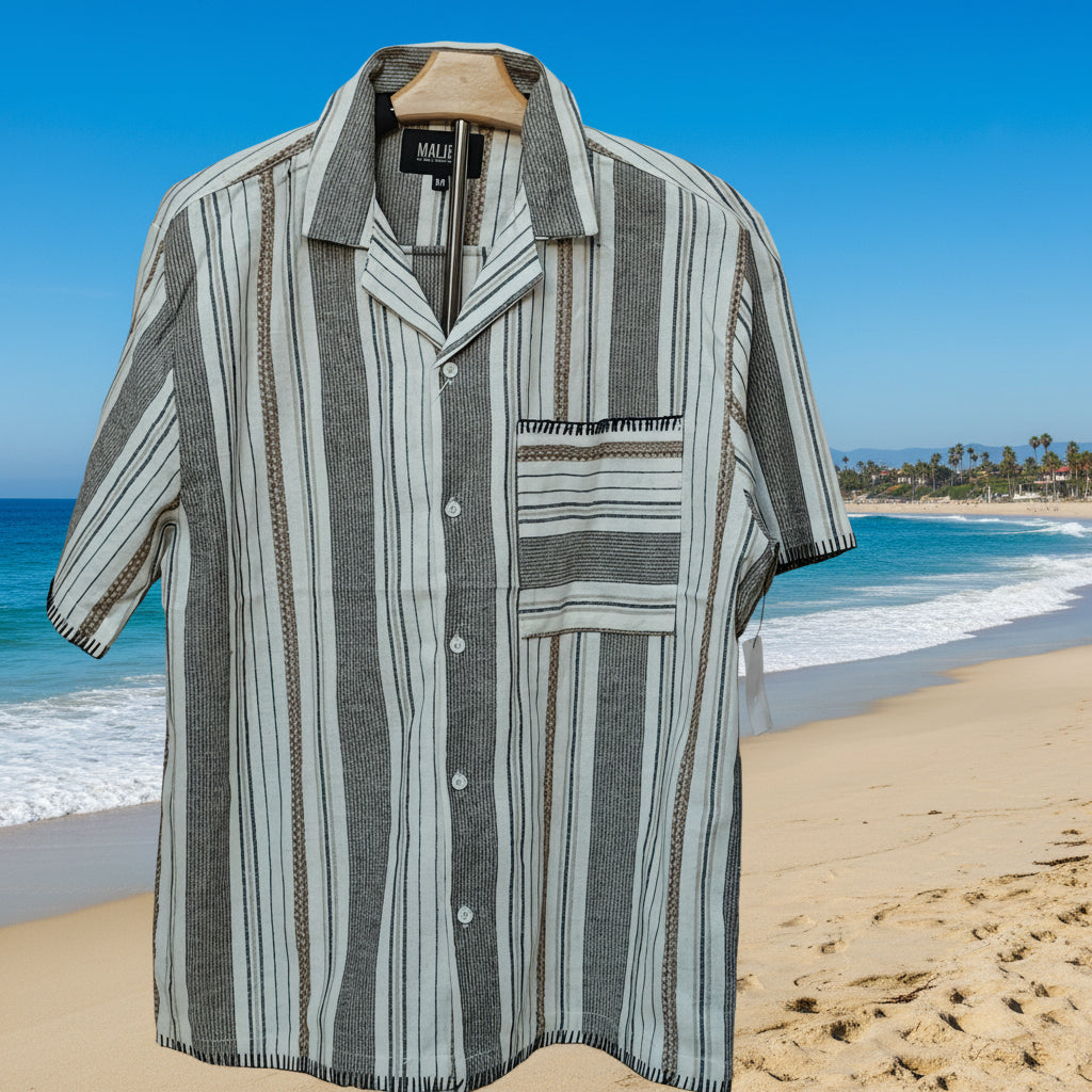 Men's Gray Multi-Stripe Button-Down Short Sleeve Shirt