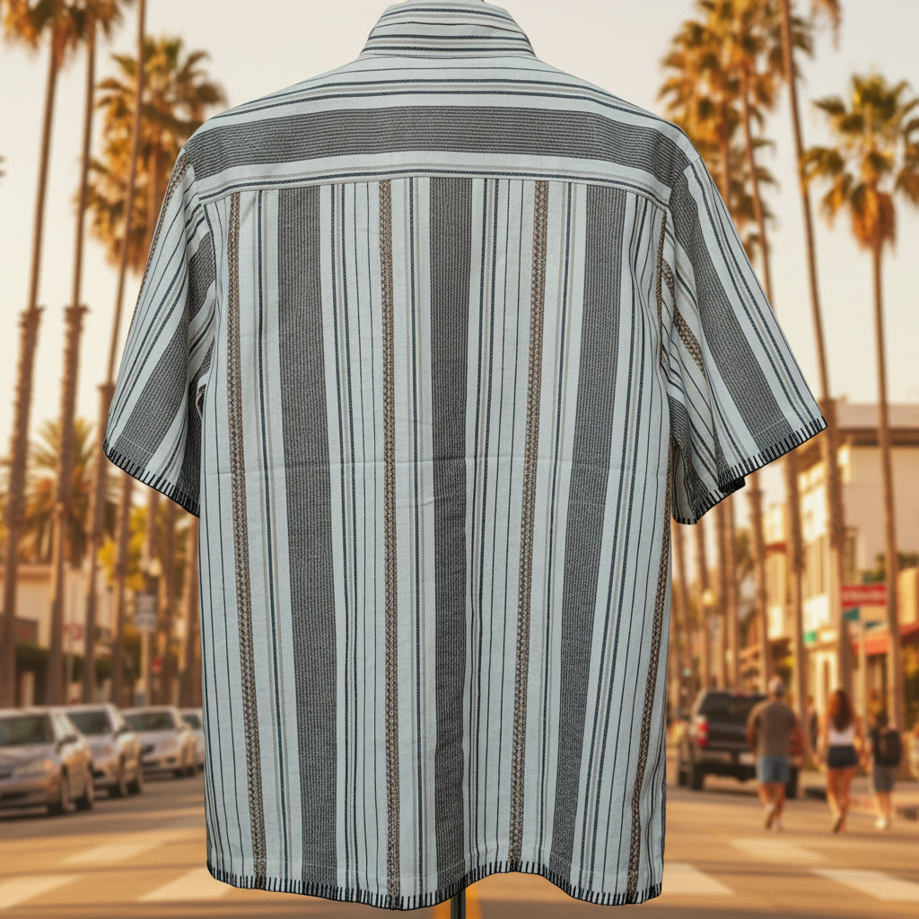 Men's Gray Multi-Stripe Button-Down Short Sleeve Shirt