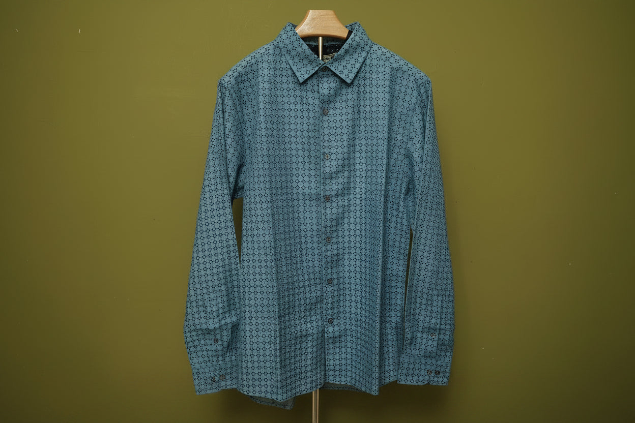 Men's Light Blue Geometric Pattern Button-Down Shirt