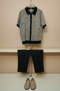 Men's Tan Floral Intarsia Button-Down Short Sleeve Sweater