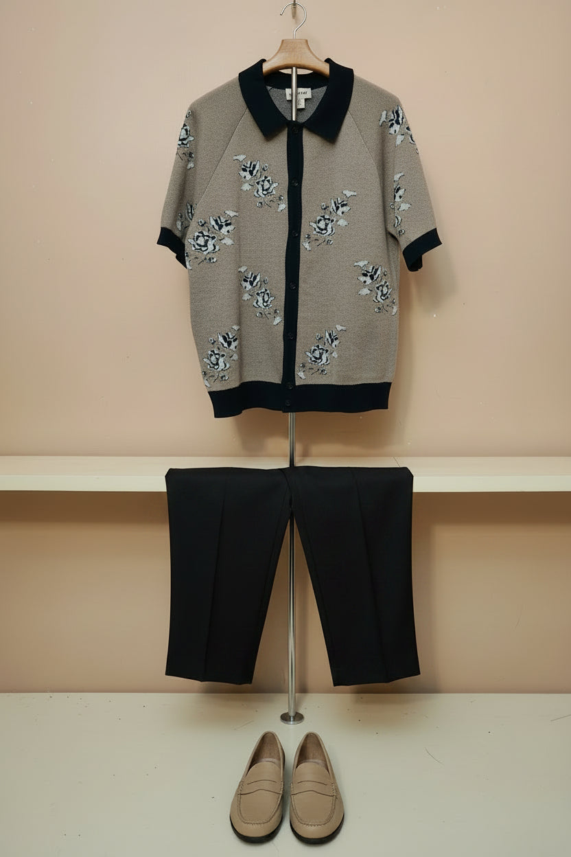 Men's Tan Floral Intarsia Button-Down Short Sleeve Sweater