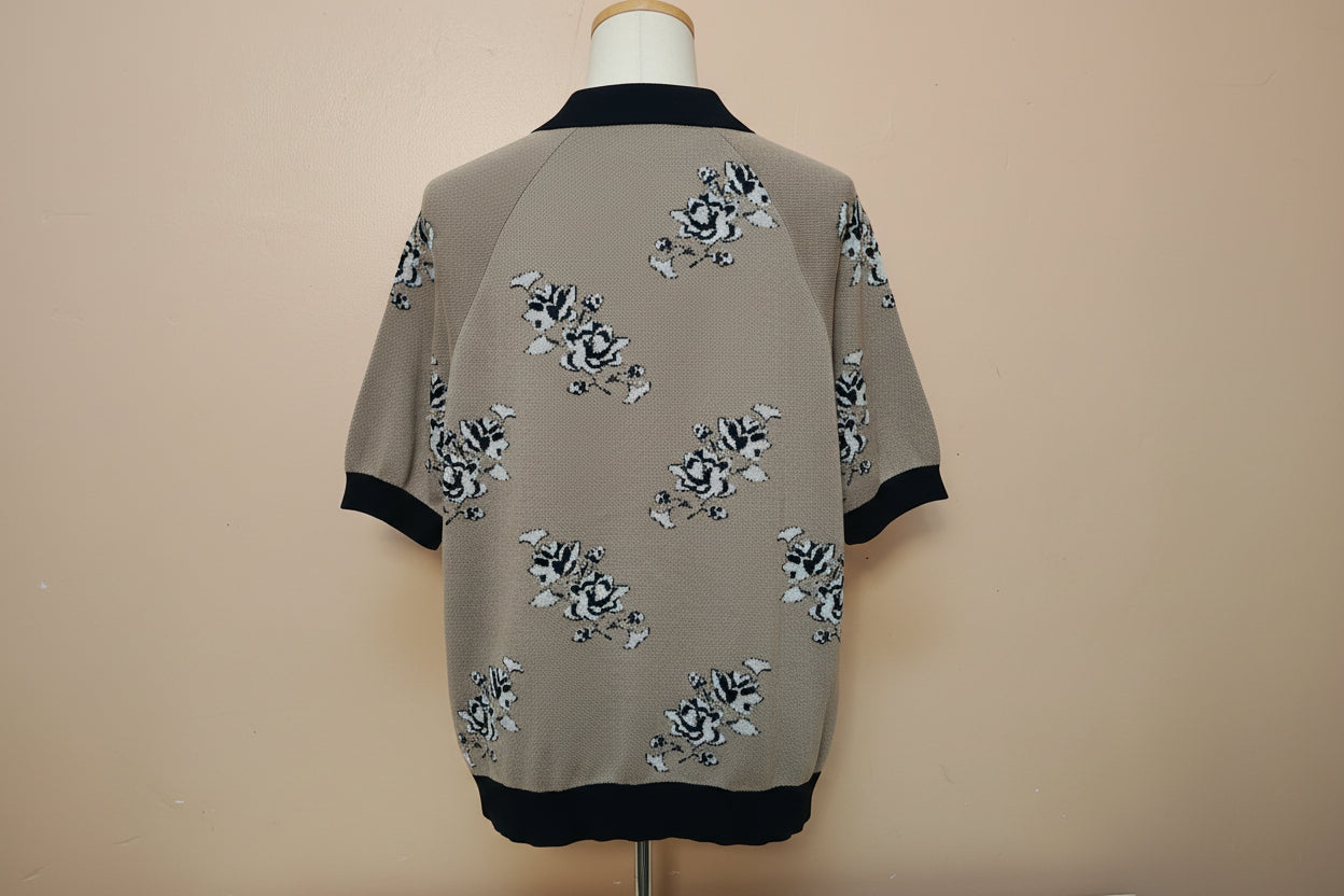 Men's Tan Floral Intarsia Button-Down Short Sleeve Sweater