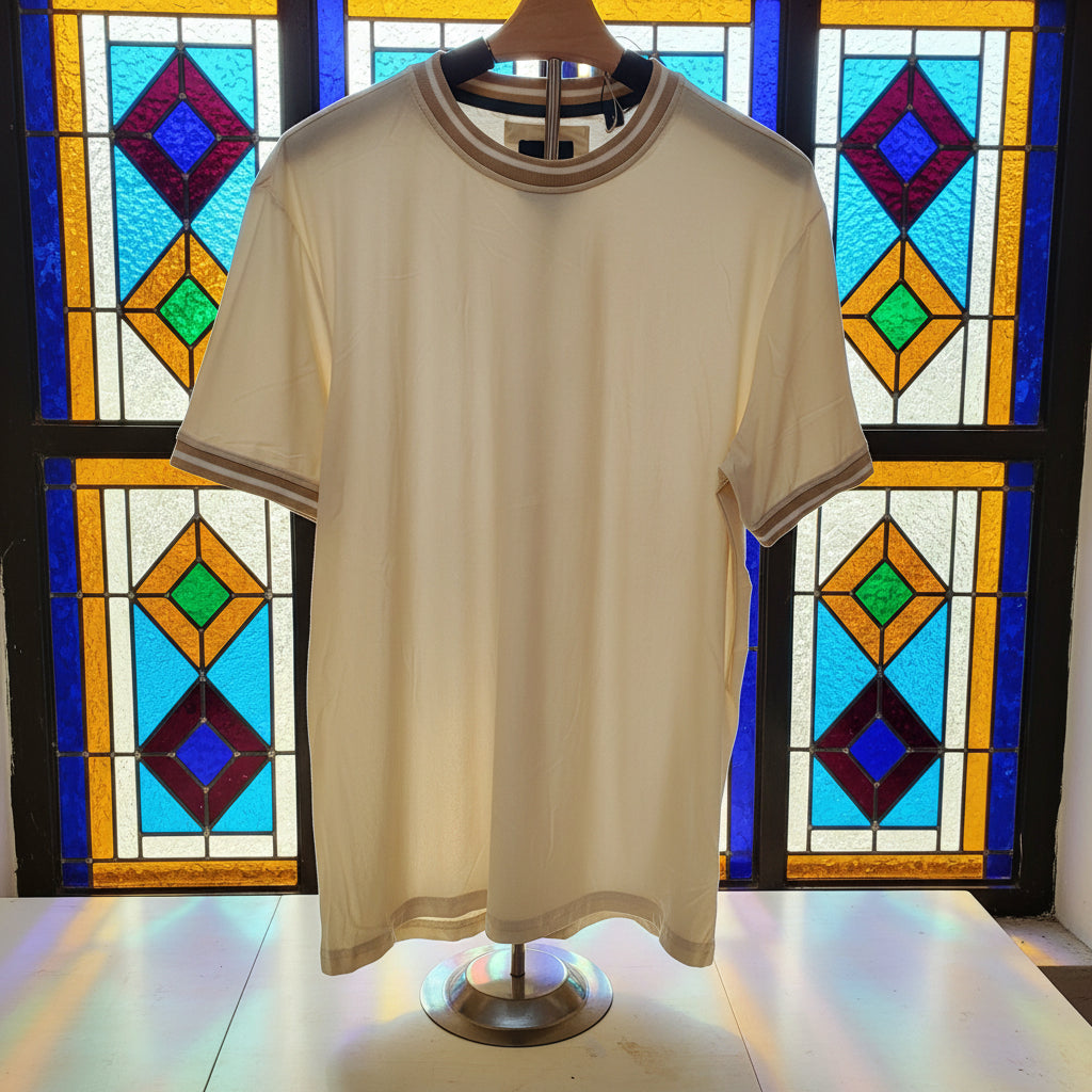 Men's Supersoft Cream Tee with Beige & White Stripe Trim – Size L