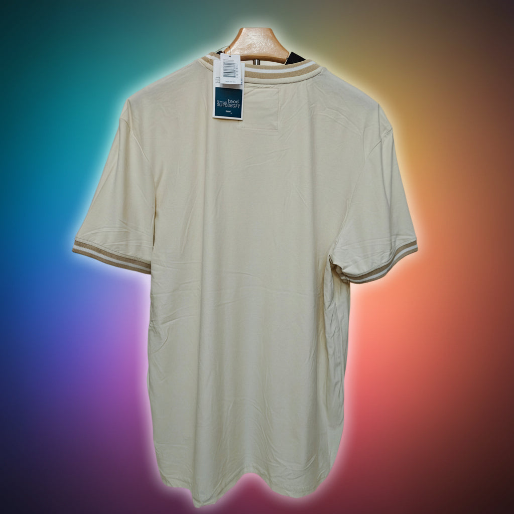 Men's Supersoft Cream Tee with Beige & White Stripe Trim – Size L