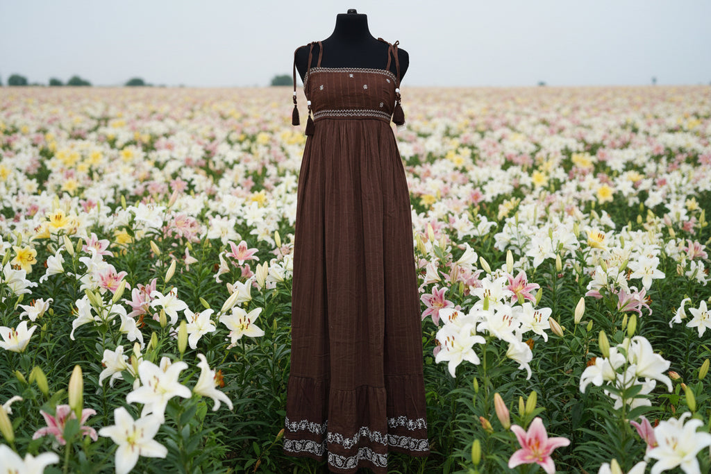 Women's Chocolate Brown Boho Maxi Dress with Beaded Tassel Straps, Size S