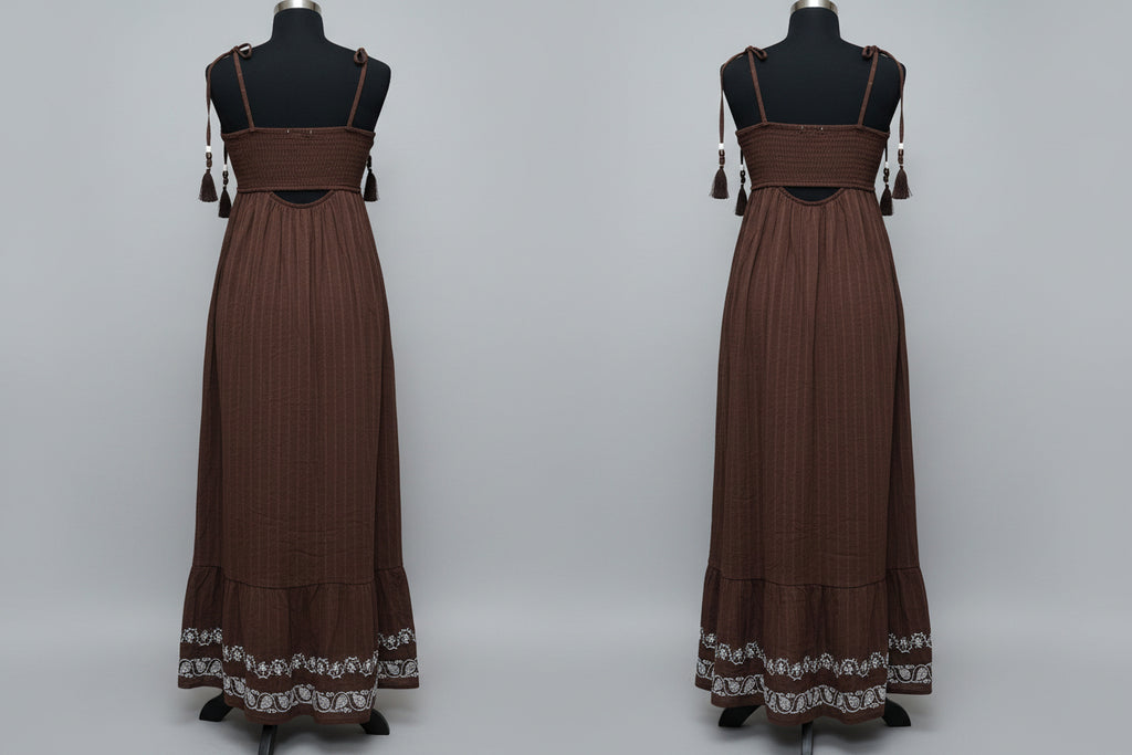 Women's Chocolate Brown Boho Maxi Dress with Beaded Tassel Straps, Size S