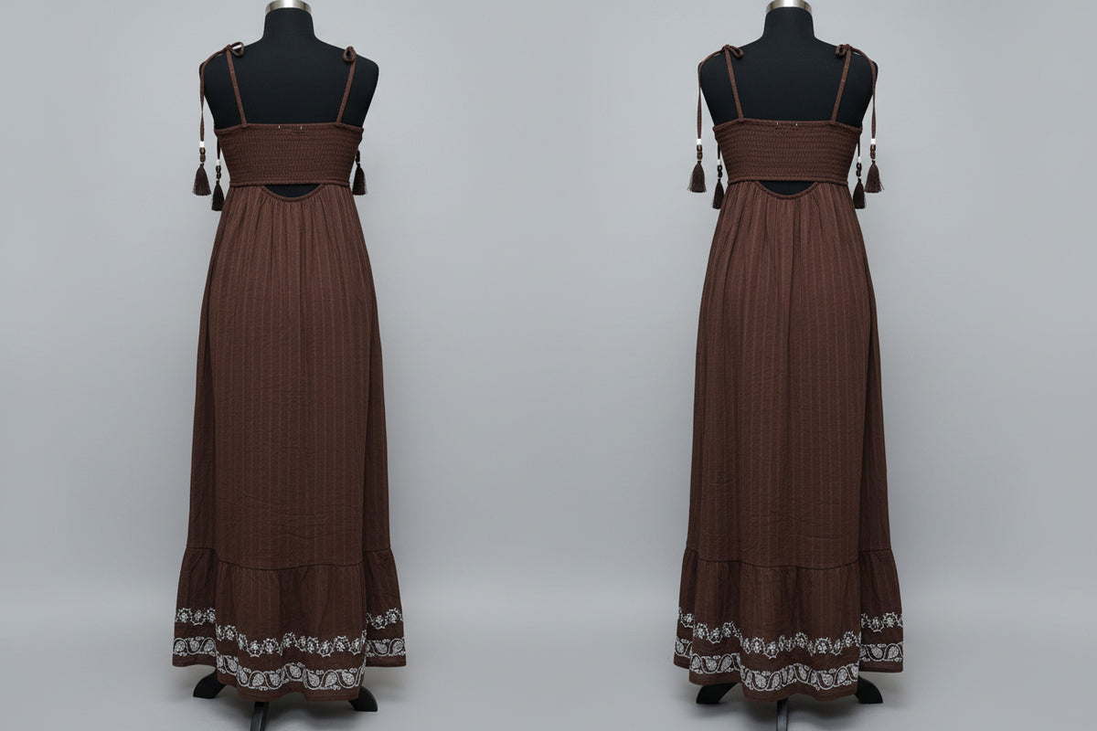 Women's Chocolate Brown Boho Maxi Dress with Beaded Tassel Straps, Size S