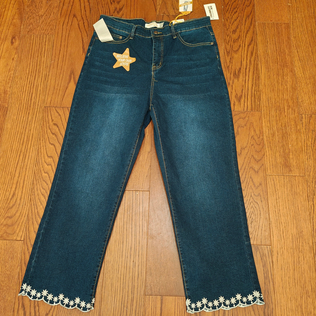 Junior Plus High-Rise Straight Leg Jeans with Embroidered Hem – Size 14, 27" Inseam