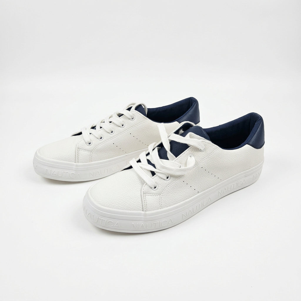 Nautica Men's White Sneakers with Blue Heel Trim