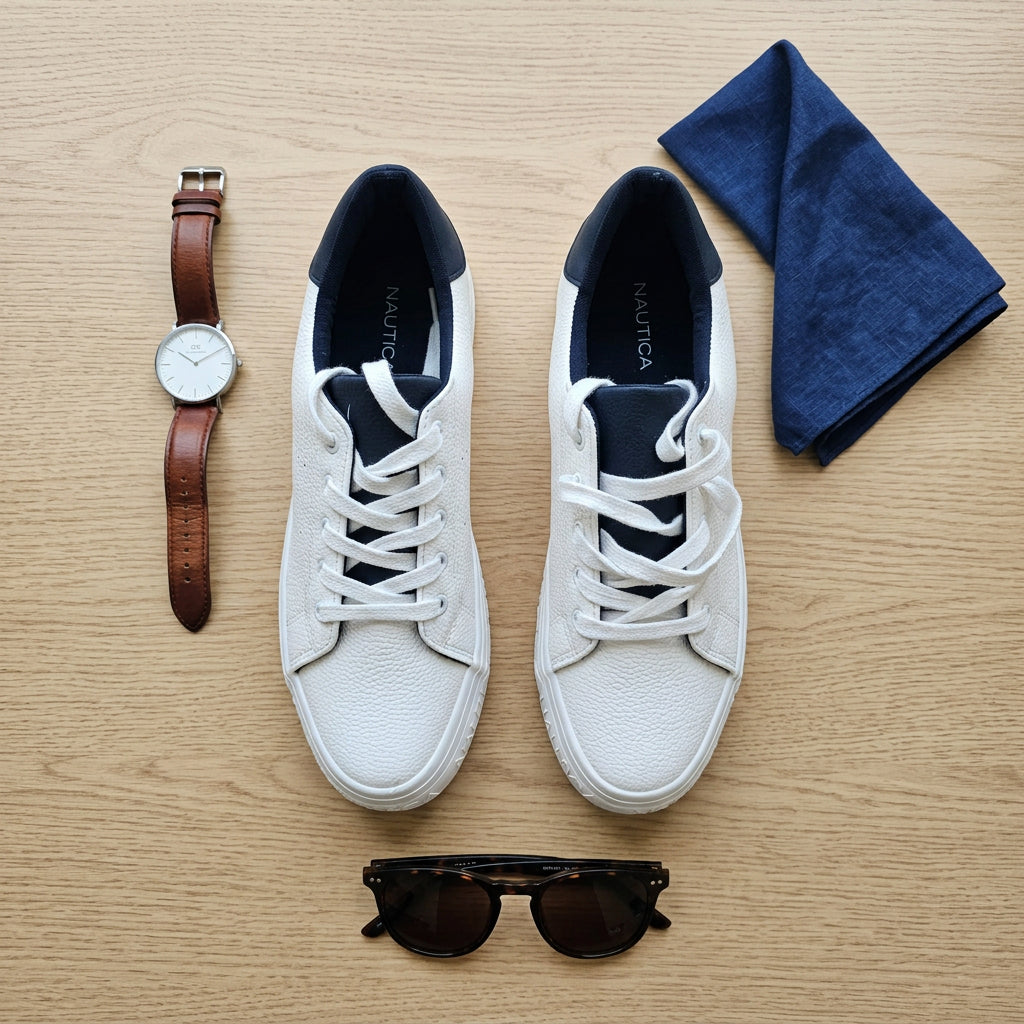 Nautica Men's White Sneakers with Blue Heel Trim