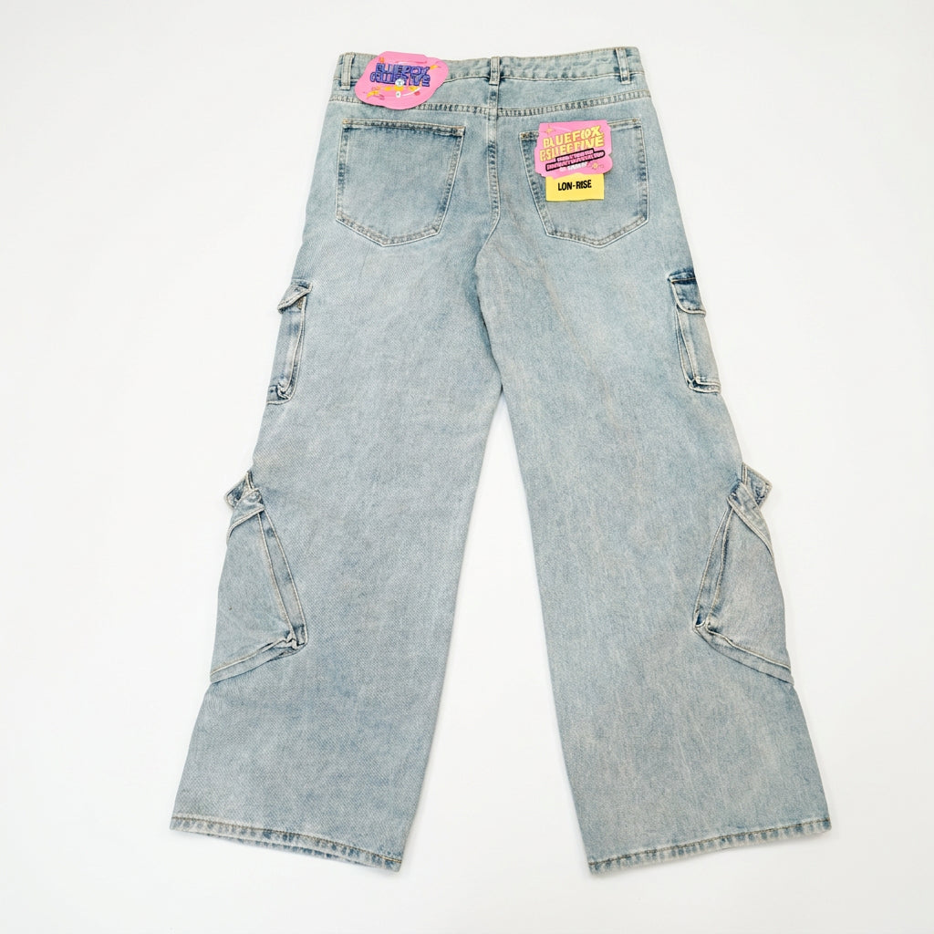 Bluefox Collective Girls' Light Blue Low-Rise Wide-Leg Cargo Jeans