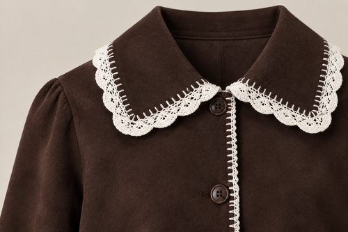Close-up of white edge stitching and lace trim on the brown faux suede jacket